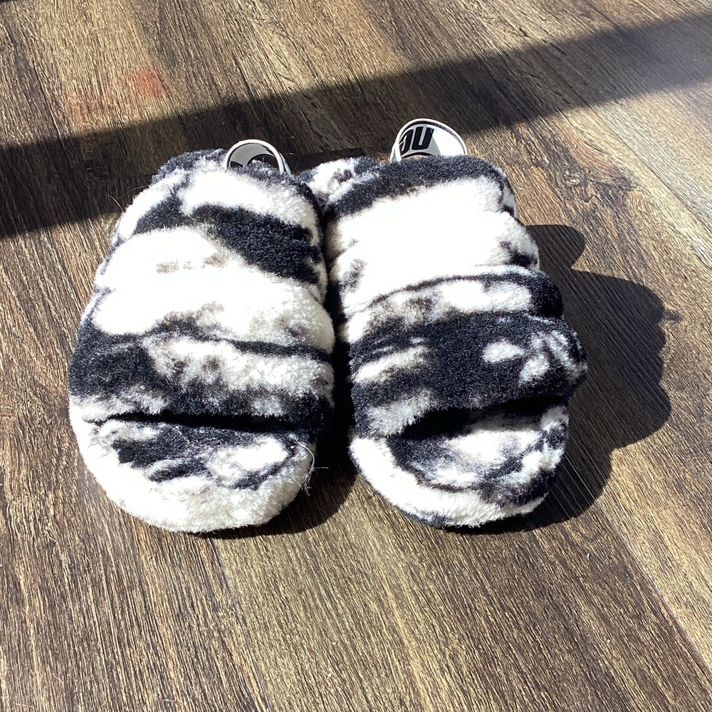 UGG Black and White Fuzzy Slippers